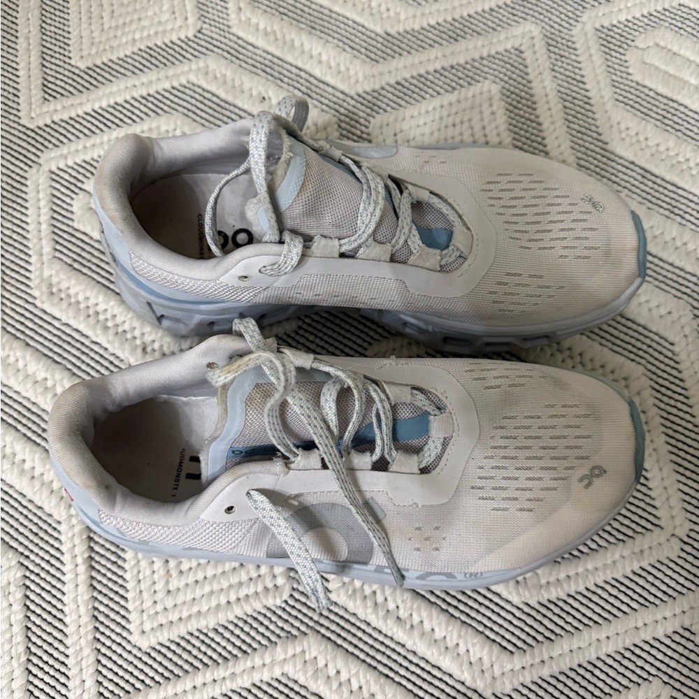 On Running White and Light Blue Athletic Shoes - Picture 2 of 3